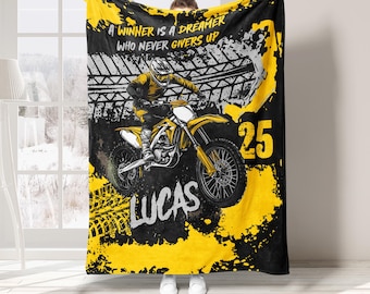 Personalized Racing Blanket, Dirt Bike Blanket, Custom Motocross Soft Cozy Sherpa Fleece Throw Blankets, Gift for Dad, Husband, Son, Racer
