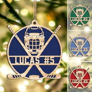 Personalized Hockey Layered Wood Ornament, Custom Hockey Christmas Tree Ornament, Sport Christmas Home Decor, Christmas Gift for Son, Team