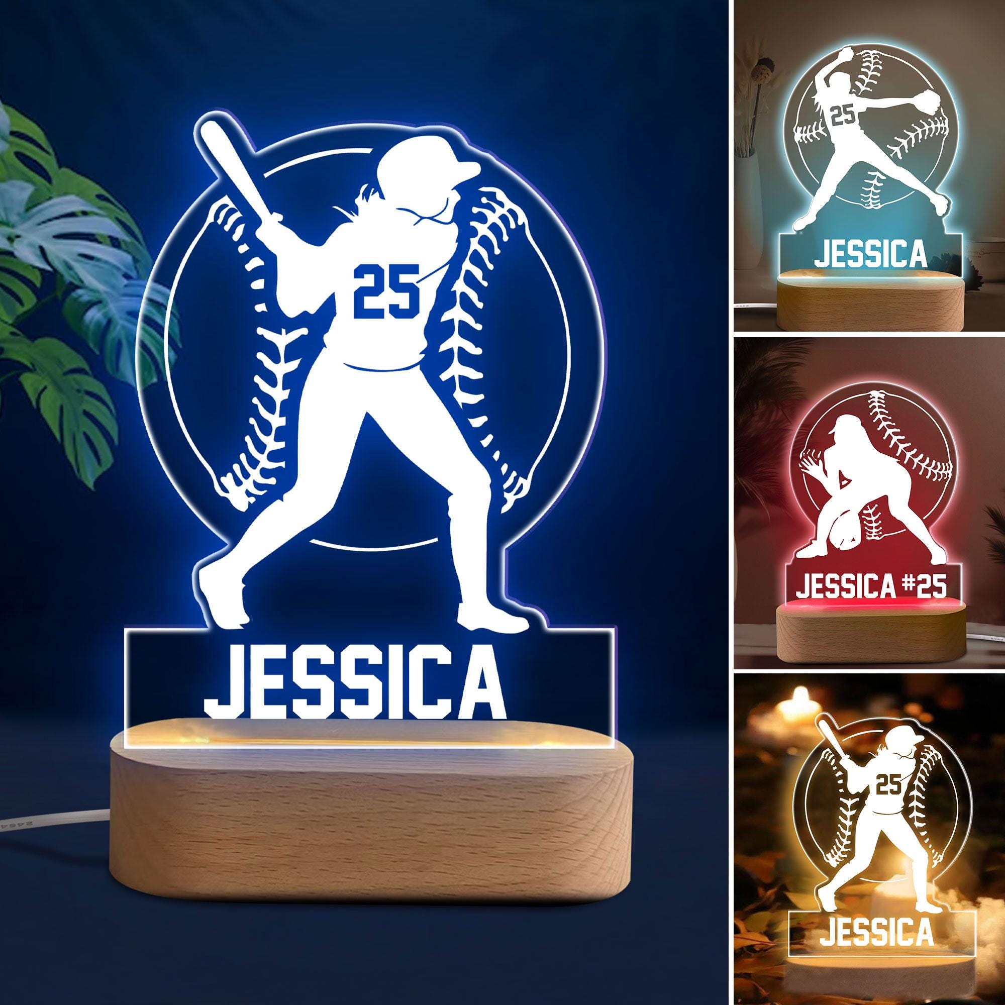 Personalized Softball Night Light, Custom Name Number Acrylic Night Light, Softball Room Decor, Sport Gift for Daughter, Girl, Kid, Team