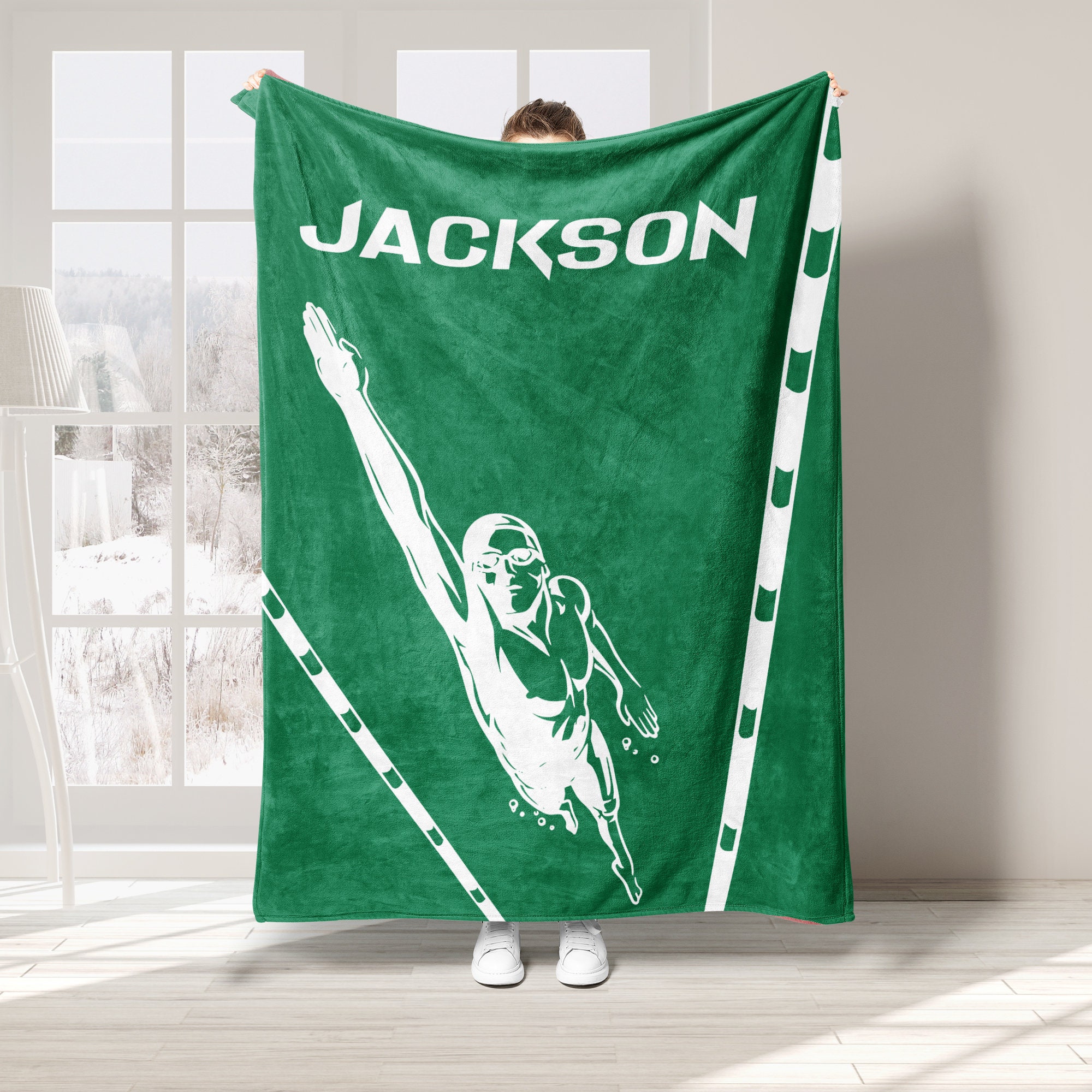 Personalized Swimming Blanket, Custom Name Soft Cozy Sherpa Fleece Throw Blankets, Sport Gift for Swimmer, Dad, Mom, Son, Daughter, Team