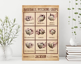 Personalized Baseball Poster/Canvas, Baseball Pitching Grips Wall Art Print, Custom Name Framed Canvas, Sport Gift for Dad, Son, Boy, Team
