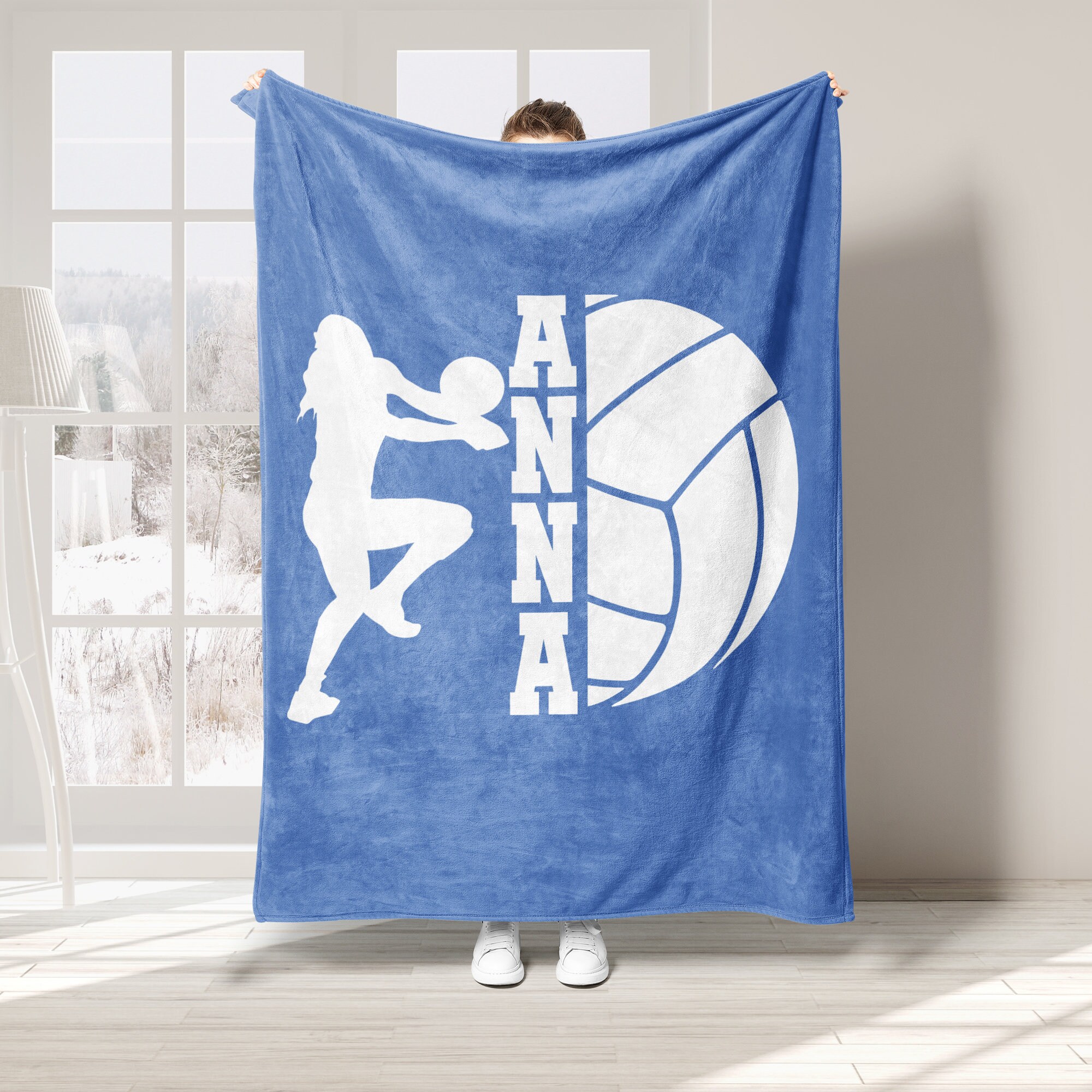 Personalized Volleyball Blanket, Custom Name Soft Cozy Sherpa Fleece Throw Blankets, Sport Gift for Mom, Wife, Daughter, Kid, Team