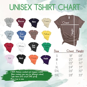 Puede incluir: Tabla de tallas de camiseta unisex con medidas en pulgadas para el pecho y la altura. La tabla muestra tallas desde la S hasta la 3XL. La tabla tambi&eacute;n muestra una variedad de colores de camisetas.