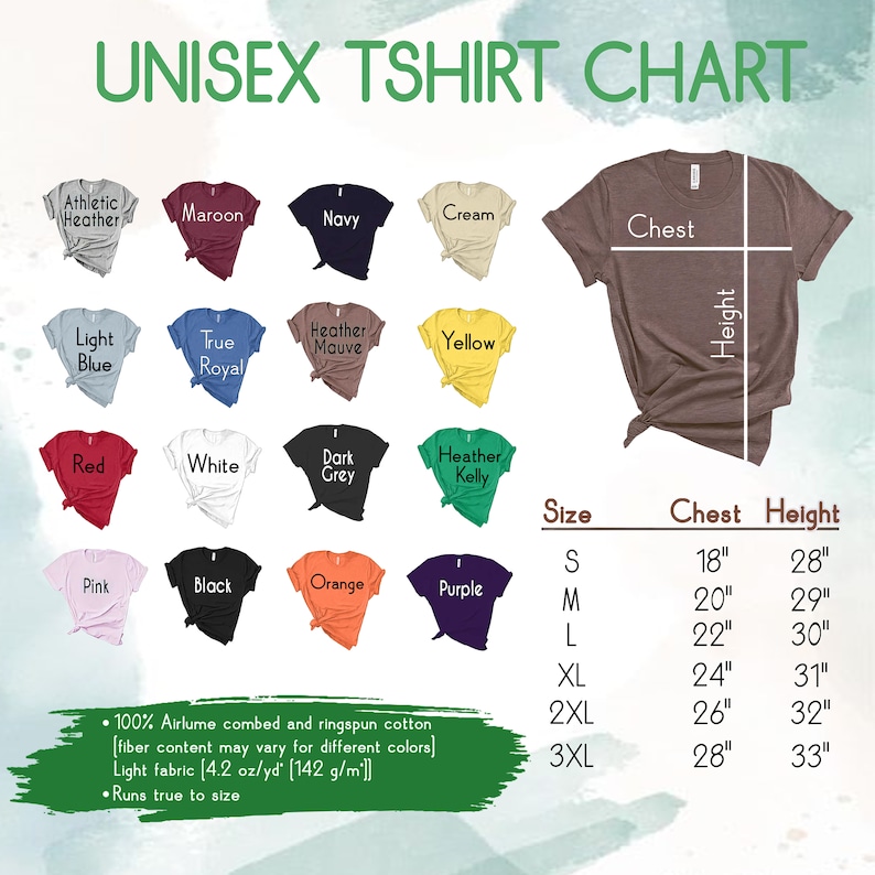 Puede incluir: Tabla de tallas de camiseta unisex con medidas en pulgadas para el pecho y la altura. La tabla muestra tallas desde la S hasta la 3XL. La tabla tambi&eacute;n muestra una variedad de colores de camisetas.