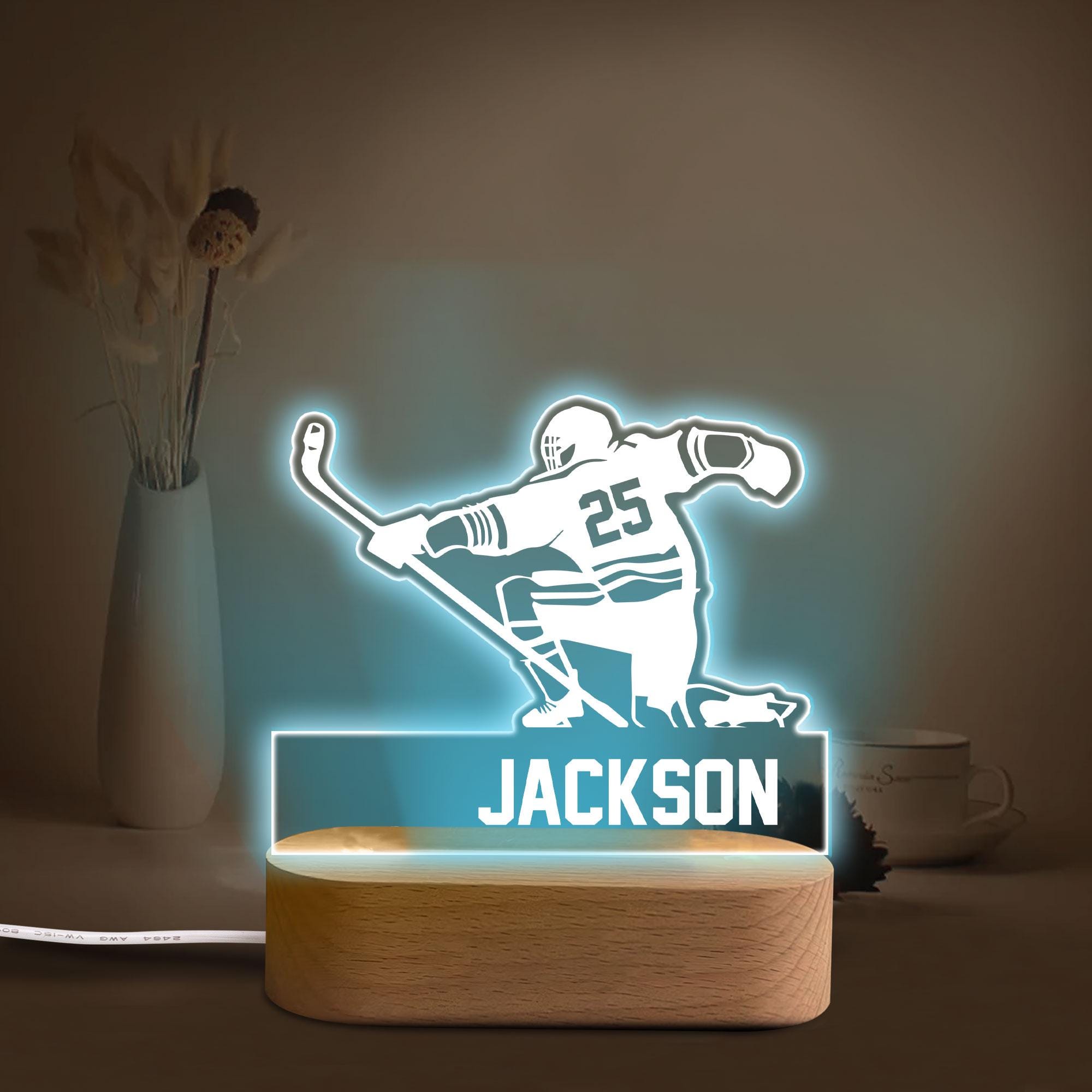 Personalized Hockey Night Light, Custom Name Number Acrylic Night Light, Hockey Room Decor, Sport Gift for Dad, Son, Boy, Kid, Team