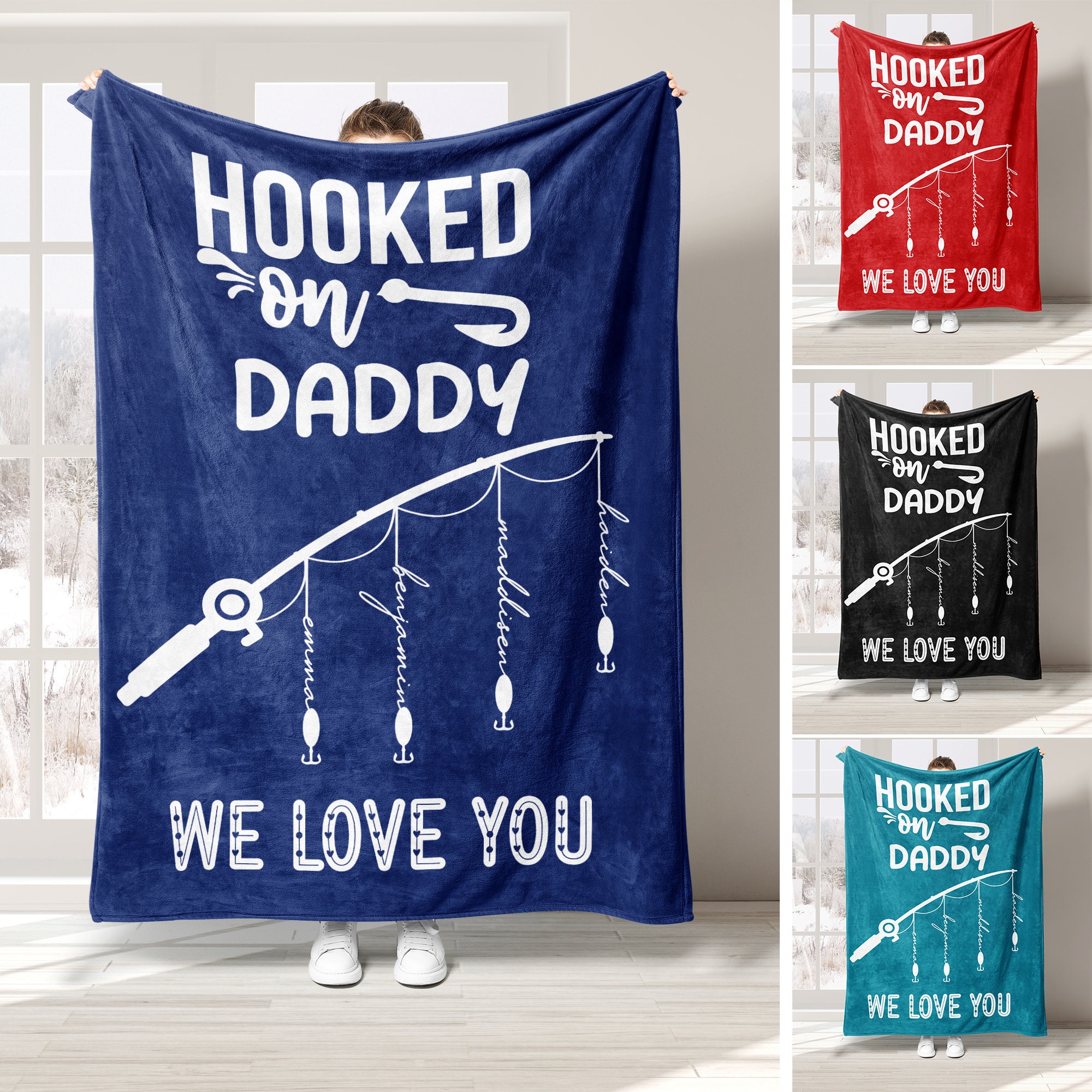Personalized Dad Blanket, Hooked On Daddy Blanket, Custom Kid&#39;s Names Soft Cozy Sherpa Fleece Throw Blankets, Father&#39;s Day Gift for Dad