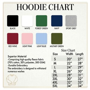 Peut inclure: Un tableau des tailles de sweat &agrave; capuche avec des &eacute;chantillons de couleurs noir, blanc, vert for&ecirc;t, marine, gris sport, rouge vin, rose clair, bleu clair et vert militaire. Le tableau comprend un tableau des tailles avec des mesures en cm.