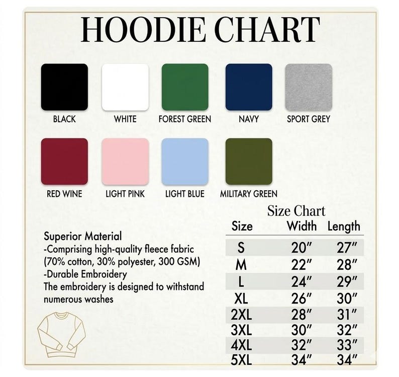 Peut inclure: Un tableau des tailles de sweat &agrave; capuche avec des &eacute;chantillons de couleurs noir, blanc, vert for&ecirc;t, marine, gris sport, rouge vin, rose clair, bleu clair et vert militaire. Le tableau comprend un tableau des tailles avec des mesures en cm.