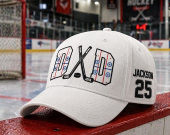 Personalized Hockey Dad Embroidered Cap, Hockey Embroidered Hat, Custom Name Number Cap, Sport Gift for Grandpa, Daddy, Son, Fathers Day