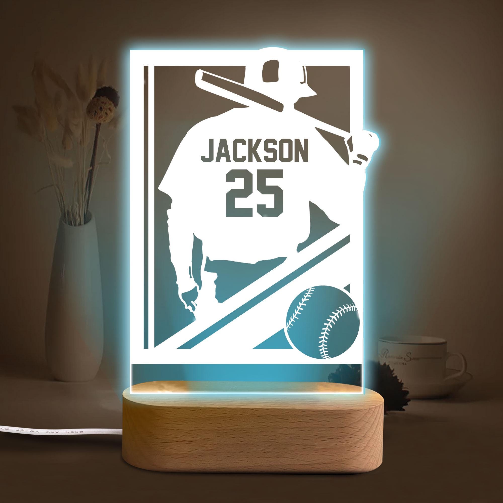 Personalized Baseball Night Light, Custom Name Number Acrylic Night Light, Baseball Room Decor, Sport Gift for Dad, Son, Boy, Kid, Team