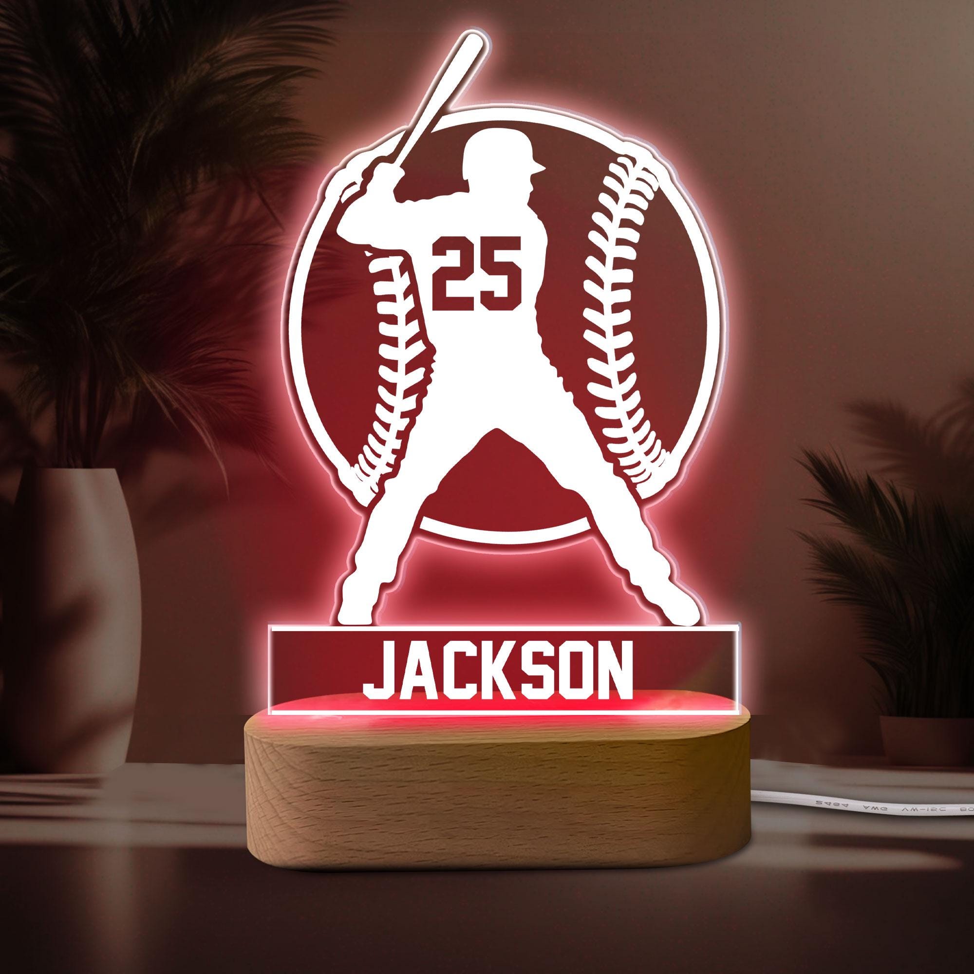 Personalized Baseball Night Light, Custom Name Number Acrylic Night Light, Baseball Room Decor, Sport Gift for Dad, Son, Boy, Kid, Team