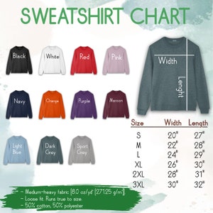 Puede incluir: Tabla de tallas de sudadera con medidas en pulgadas. La tabla muestra el ancho y la longitud de las sudaderas en las tallas S, M, L, XL, 2XL y 3XL. La tabla tambi&eacute;n incluye una muestra de color de 10 colores de sudadera diferentes.