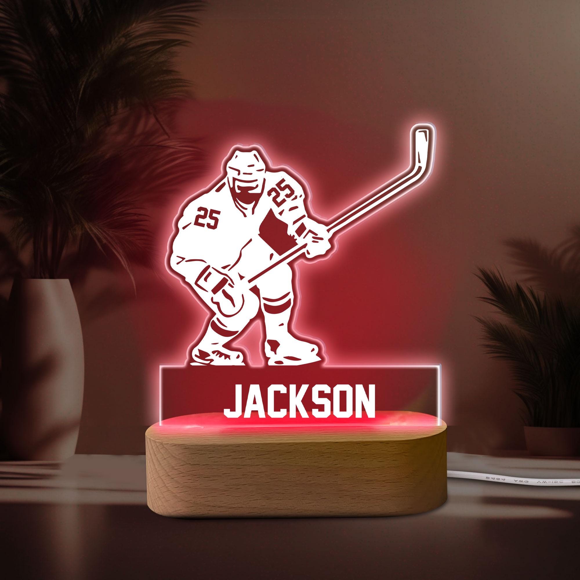 Personalized Hockey Night Light, Custom Name Number Acrylic Night Light, Hockey Room Decor, Sport Gift for Dad, Son, Boy, Kid, Team