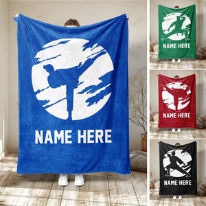Personalized Karate Blanket, Custom Name Soft Cozy Sherpa Fleece Throw Blankets, Sport Gift for Dad, Son, Daughter, Boy, Girl, Kid