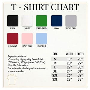 Peut inclure: Un tableau des tailles de t-shirts affichant des &eacute;chantillons de couleurs et des mesures. Les couleurs incluent le noir, le blanc, le vert for&ecirc;t, le marine, le gris sport, le vin rouge, le rose clair et le bleu clair. Les tailles vont de S &agrave; 3XL, avec largeur et longueur en cm.