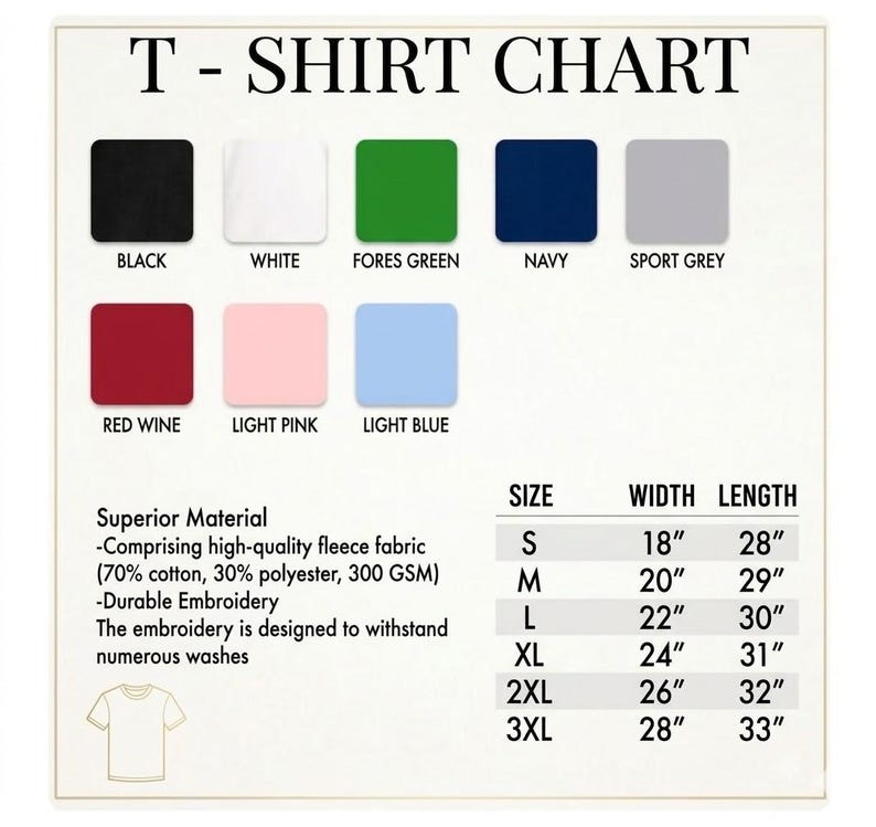 Peut inclure: Un tableau des tailles de t-shirts affichant des &eacute;chantillons de couleurs et des mesures. Les couleurs incluent le noir, le blanc, le vert for&ecirc;t, le marine, le gris sport, le vin rouge, le rose clair et le bleu clair. Les tailles vont de S &agrave; 3XL, avec largeur et longueur en cm.