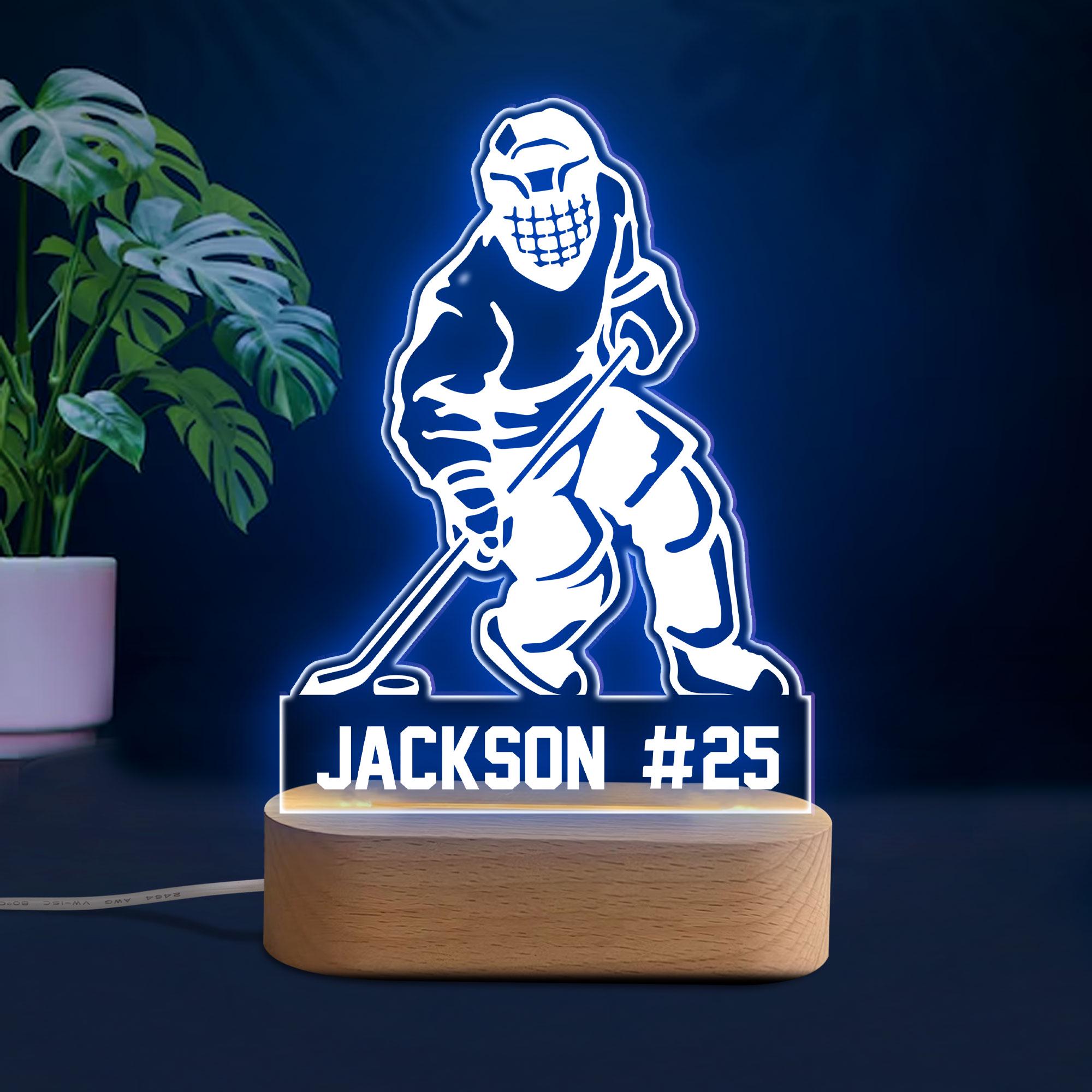 Personalized Hockey Night Light, Custom Name Number Acrylic Night Light, Hockey Room Decor, Sport Gift for Dad, Son, Boy, Kid, Team