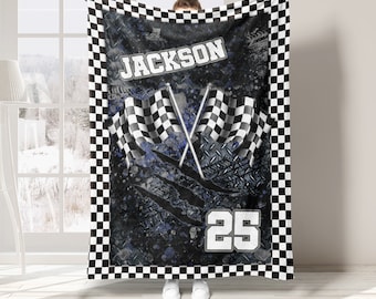 Personalized Racing Blanket, Custom Name Number Soft Cozy Sherpa Fleece Throw Blankets, Sport Gift for Dad, Husband, Son, Kid, Team