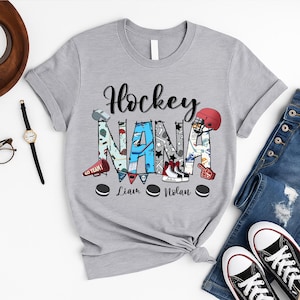 Personalized Hockey Grandma T-Shirt, Hockey Mom Shirt, Hockey Nana Shirts, Custom Kid&#39;s Name Sweatshirt, Sport Gift for Grandma, Mom, Gigi