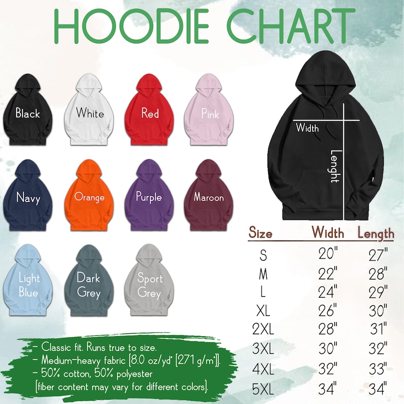 Puede incluir: Tabla de tallas de sudadera con capucha con medidas en pulgadas. La tabla muestra el ancho y la longitud de las sudaderas con capucha en tallas S a 5XL. La tabla tambi&eacute;n muestra 10 colores diferentes de sudaderas con capucha: negro, blanco, rojo, rosa, azul marino, naranja, morado, granate, azul claro, gris oscuro y gris deportivo.