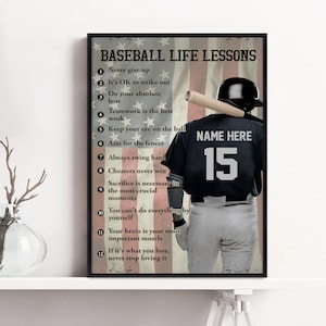 Op de afbeelding: Een zwart-wit baseballposter met een Amerikaanse vlag als achtergrond. De poster toont een baseballspeler met nummer 15 op zijn shirt. De poster bevat een lijst van 12 baseball-lessen voor het leven, zoals "Nooit opgeven" en "Richt op de hekken".