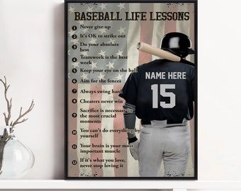 Pôster/tela de beisebol personalizado, impressão de arte de parede de aulas de vida de beisebol, tela com moldura personalizada, presente esportivo para pai, filho, menino, equipe