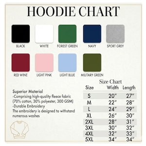 May include: A hoodie chart displaying color swatches in black, white, forest green, navy, sport grey, red wine, light pink, light blue, and military green. The chart includes a size chart with measurements in inches for width and length, and material details.