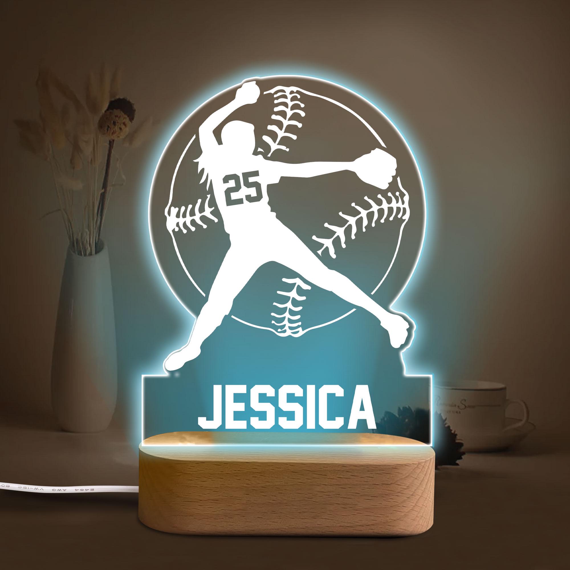 Personalized Softball Night Light, Custom Name Number Acrylic Night Light, Softball Room Decor, Sport Gift for Daughter, Girl, Kid, Team