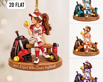 Personalized Softball Girl 2D Flat Ornament, Custom Name & Number Christmas Tree Decor, Softball Team Ornament, Softball Player Gifts