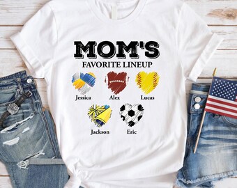 T-shirt gepersonaliseerde moeders favoriete line-up, shirt sportmoeder, custom kindernaamsweatshirt, sportcadeau voor moeder, oma