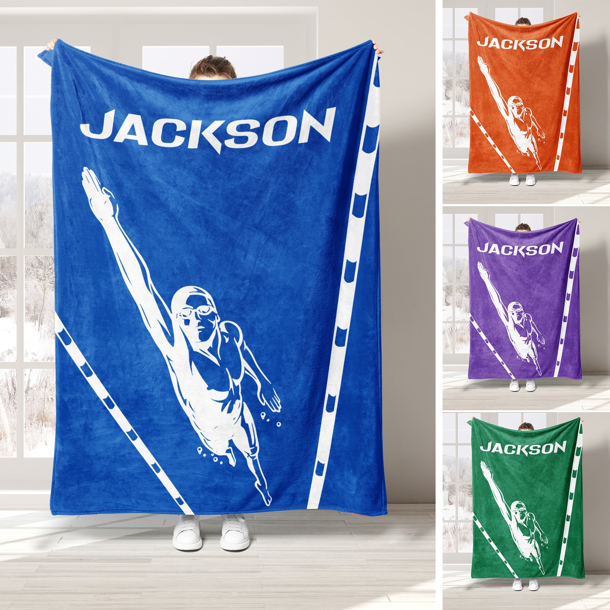 Personalized Swimming Blanket, Custom Name Soft Cozy Sherpa Fleece Throw Blankets, Sport Gift for Swimmer, Dad, Mom, Son, Daughter, Team