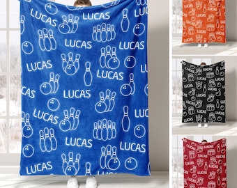 Personalized Bowling Blanket, Custom Name Soft Cozy Sherpa Fleece Throw Blankets, Sport Gift for Son, Daughter, Kid, Team