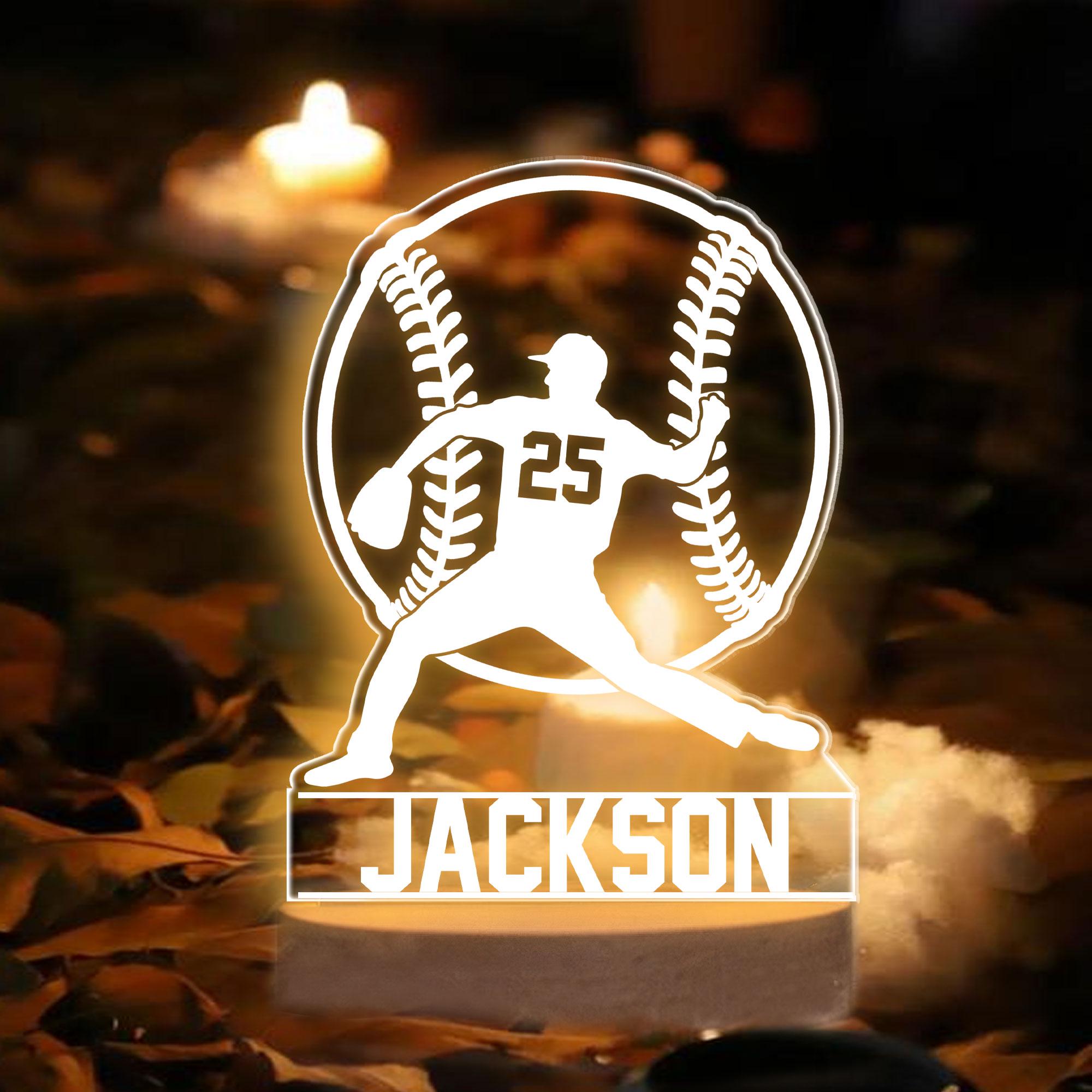 Personalized Baseball Night Light, Custom Name Number Acrylic Night Light, Baseball Room Decor, Sport Gift for Dad, Son, Boy, Kid, Team
