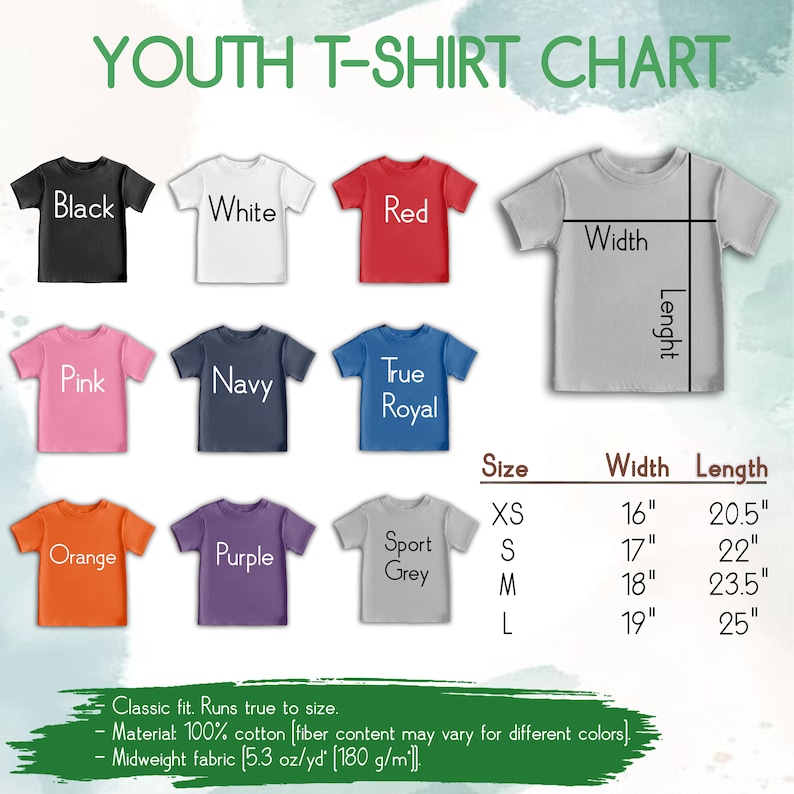 Puede incluir: Tabla de tallas de camiseta para j&oacute;venes con medidas en pulgadas. La tabla muestra diferentes colores de camisetas, incluyendo negro, blanco, rojo, rosa, azul marino, azul real, naranja, morado y gris deportivo. La tabla tambi&eacute;n incluye la talla, el ancho y la longitud de cada camiseta.