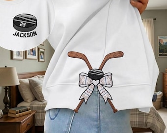 Personalized Hockey Side Bow Cut-Out Sweatshirt, Custom Name Number Sweatshirt, Hockey Mom Embroidered Sweatshirt, Hockey Coquette Bow Gift