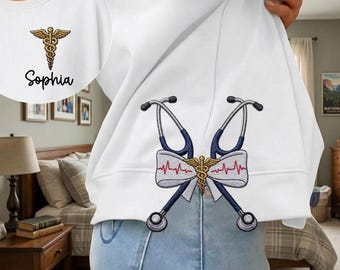 Personalized Nurse Side Bow Cut-Out Sweatshirt, Custom Name Sweatshirt, Healthcare Embroidered Sweatshirt, Nursing Coquette Bow Gift