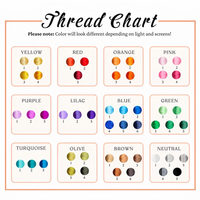Puede incluir: Una carta de colores de hilo con el texto Thread Chart y Please note: Color will look different depending on light and screens! La tabla muestra varios colores de hilo organizados en cajas etiquetadas como amarillo, rojo, naranja, rosa, morado, lila, azul, verde, turquesa, oliva, marr&oacute;n y neutro, cada uno con muestras circulares numeradas.