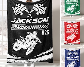 Personalized Racing Blanket, Dirt Bike Blanket, Custom Motocross Soft Cozy Sherpa Fleece Throw Blankets, Gift for Dad, Husband, Son, Racer