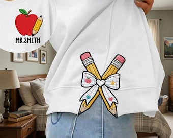 Personalized Teacher Side Bow Cut-Out Sweatshirt, Custom Name Sweatshirt, Teacher Embroidered Shirt, Back to School Shirt, Teacher Gift