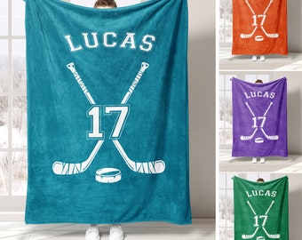Coperta da hockey personalizzata, nome personalizzato numero morbide coperte in pile Sherpa accoglienti, regalo sportivo per papà, marito, figlio, bambino, squadra
