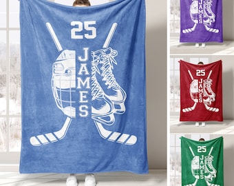 Personalized Hockey Blanket, Custom Name Number Soft Cozy Sherpa Fleece Throw Blankets, Sport Gift for Dad, Husband, Son, Kid, Team