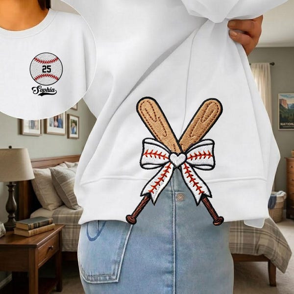Personalized Baseball Side Bow Cut-Out Sweatshirt, Custom Name Number Sweatshirt, Baseball Mom Embroidered Sweatshirt, Baseball Coquette Bow