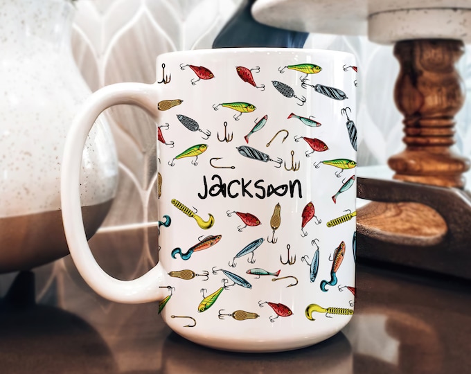Personalized Fishing Mug, Fishing Lures Coffee Mug, Custom Name Coffee Cup, Gift for Grandpa, Dad, Husband, Fisherman, Fishing Lover