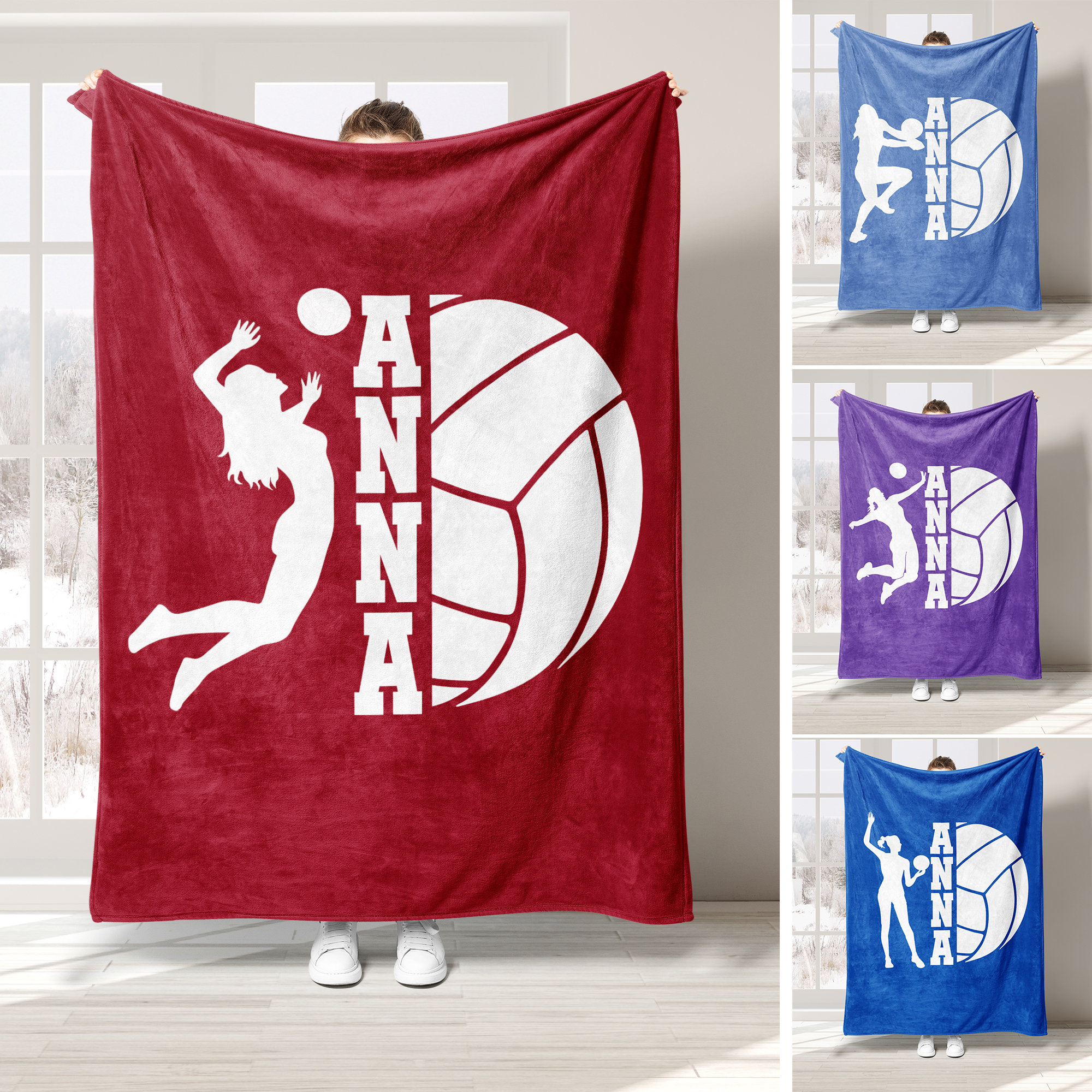 Personalized Volleyball Blanket, Custom Name Soft Cozy Sherpa Fleece Throw Blankets, Sport Gift for Mom, Wife, Daughter, Kid, Team