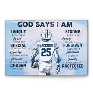 Personalized Football Poster/Canvas, God Says I am Wall Art Print, Custom Framed Canvas, Sport Gift for Dad, Son, Boy, Kid, Team