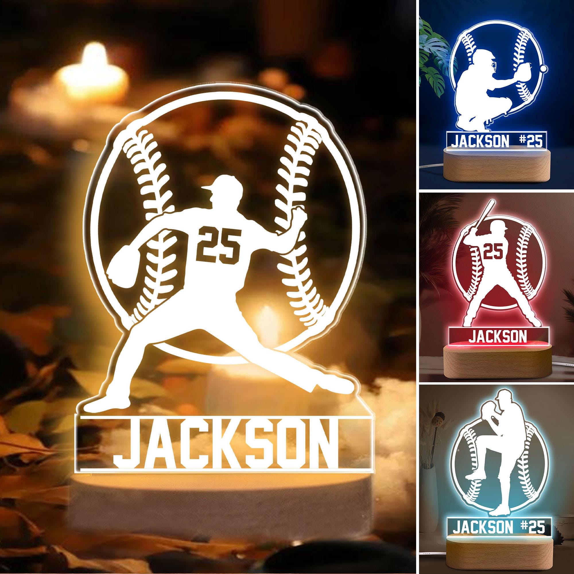 Personalized Baseball Night Light, Custom Name Number Acrylic Night Light, Baseball Room Decor, Sport Gift for Dad, Son, Boy, Kid, Team