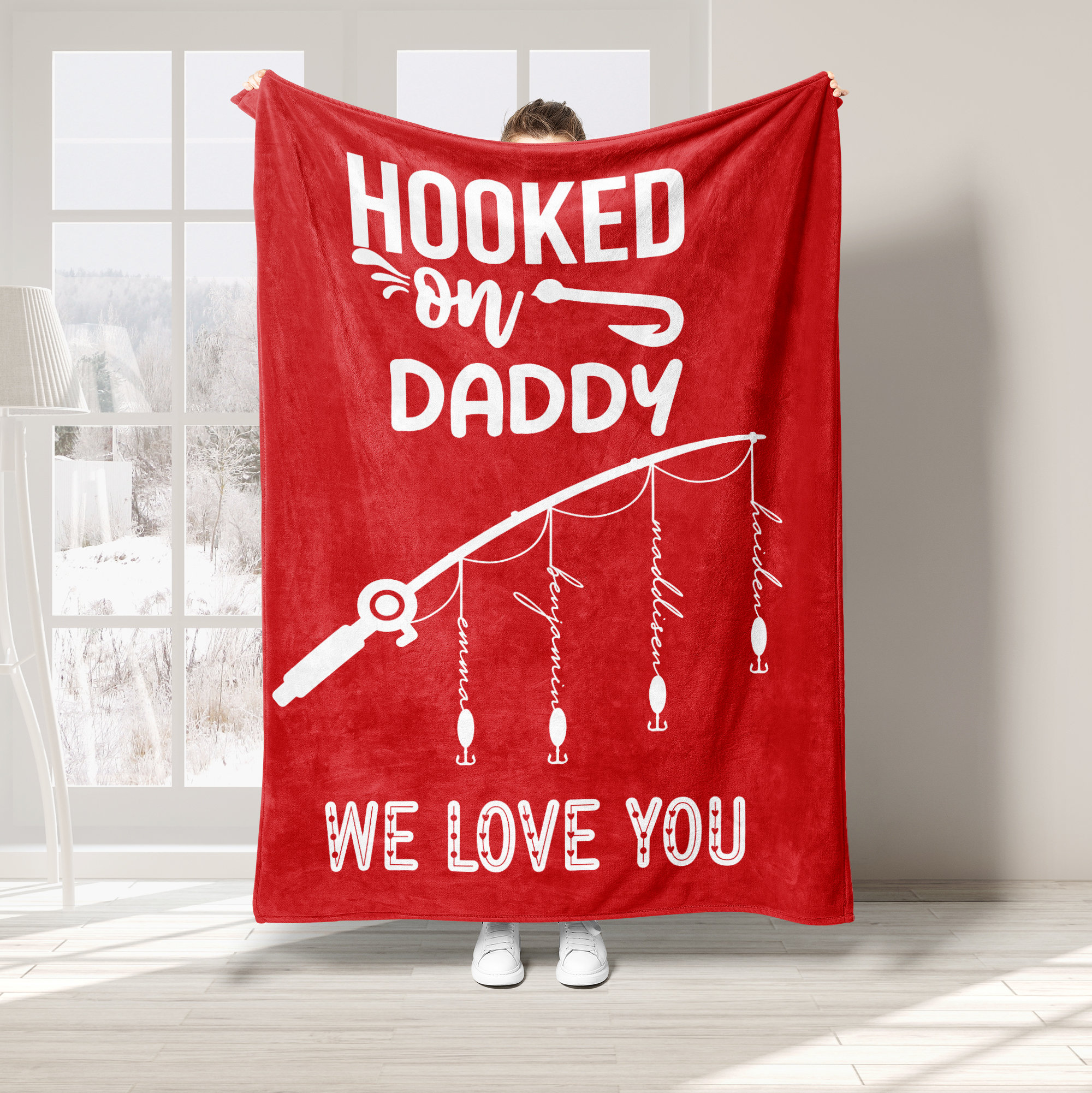 Personalized Dad Blanket, Hooked On Daddy Blanket, Custom Kid&#39;s Names Soft Cozy Sherpa Fleece Throw Blankets, Father&#39;s Day Gift for Dad
