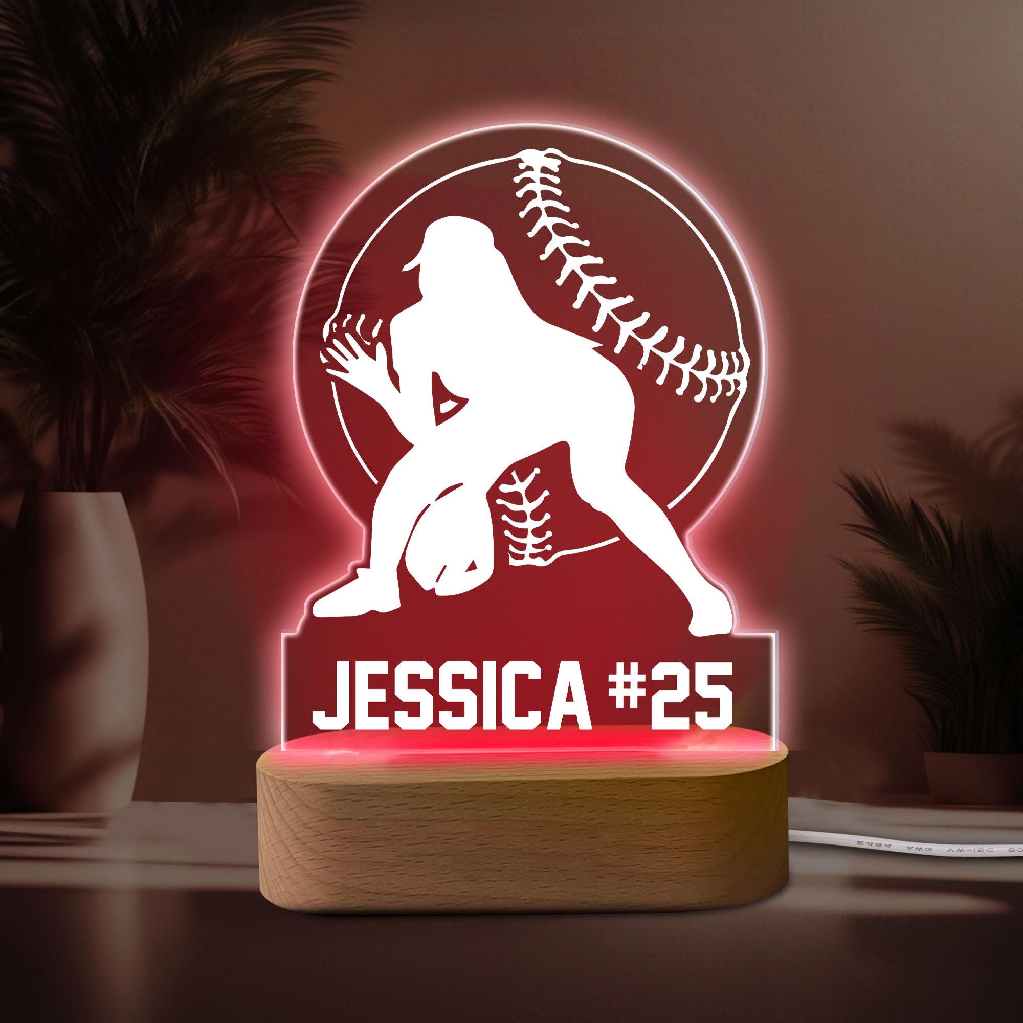Personalized Softball Night Light, Custom Name Number Acrylic Night Light, Softball Room Decor, Sport Gift for Daughter, Girl, Kid, Team