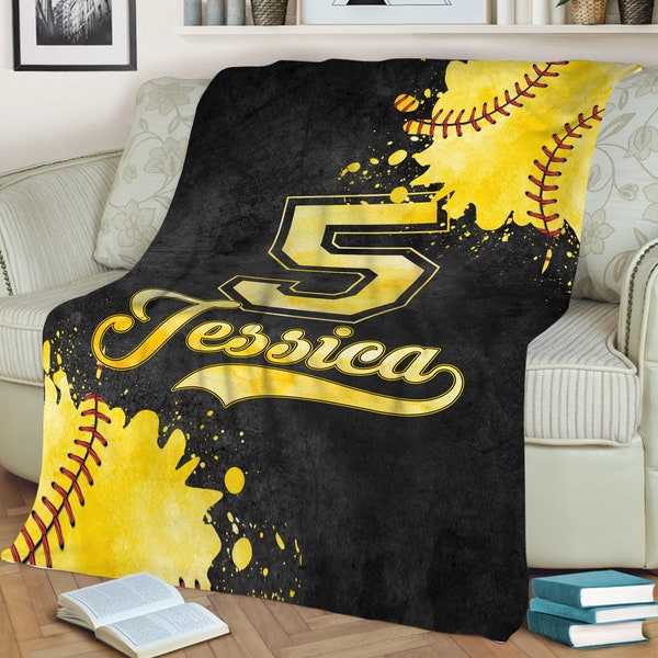 Personalized Softball Blanket, Custom Name Number Soft Cozy Sherpa Fleece Throw Blankets, Sport Gift for Mom, Wife, Daughter, Kid, Team