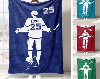 Personalized Hockey Blanket, Custom Name Number Soft Cozy Sherpa Fleece Throw Blankets, Sport Gift for Dad, Husband, Son, Kid, Team